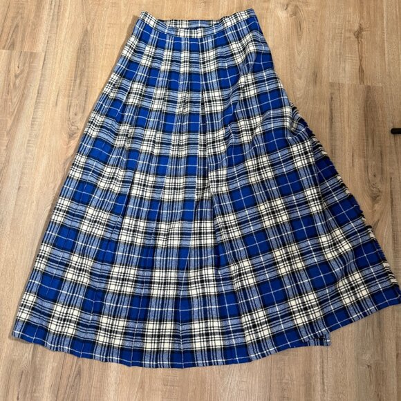 Vintage 100% Wool Blue Plaid Pleated Maxi Wrap Skirt Academia M - Picture 6 of 8